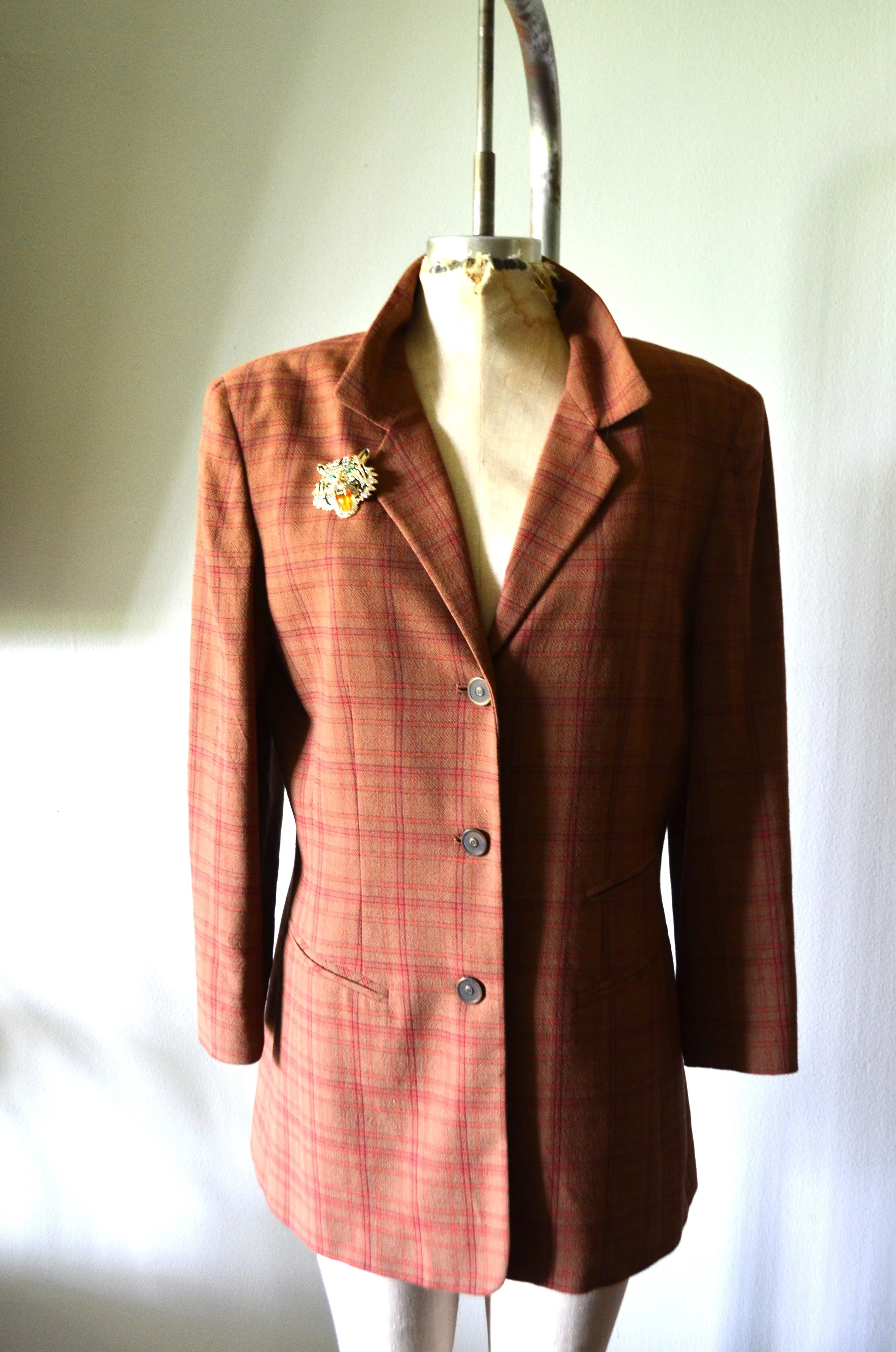 80s Liz Claiborne plaid tweed tailor Tan blazer with shoulder pads