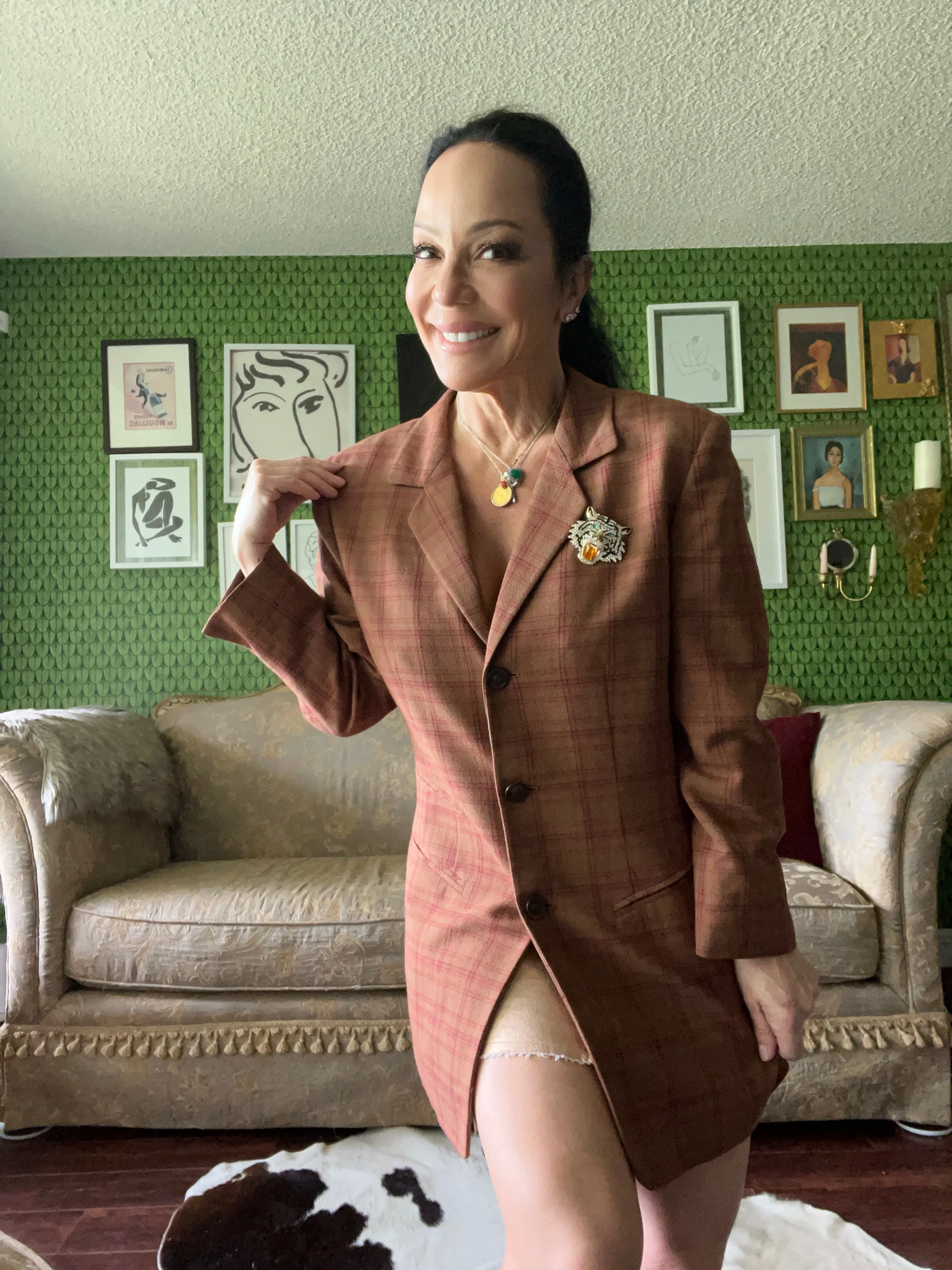 80s Liz Claiborne plaid tweed tailor Tan blazer with shoulder pads