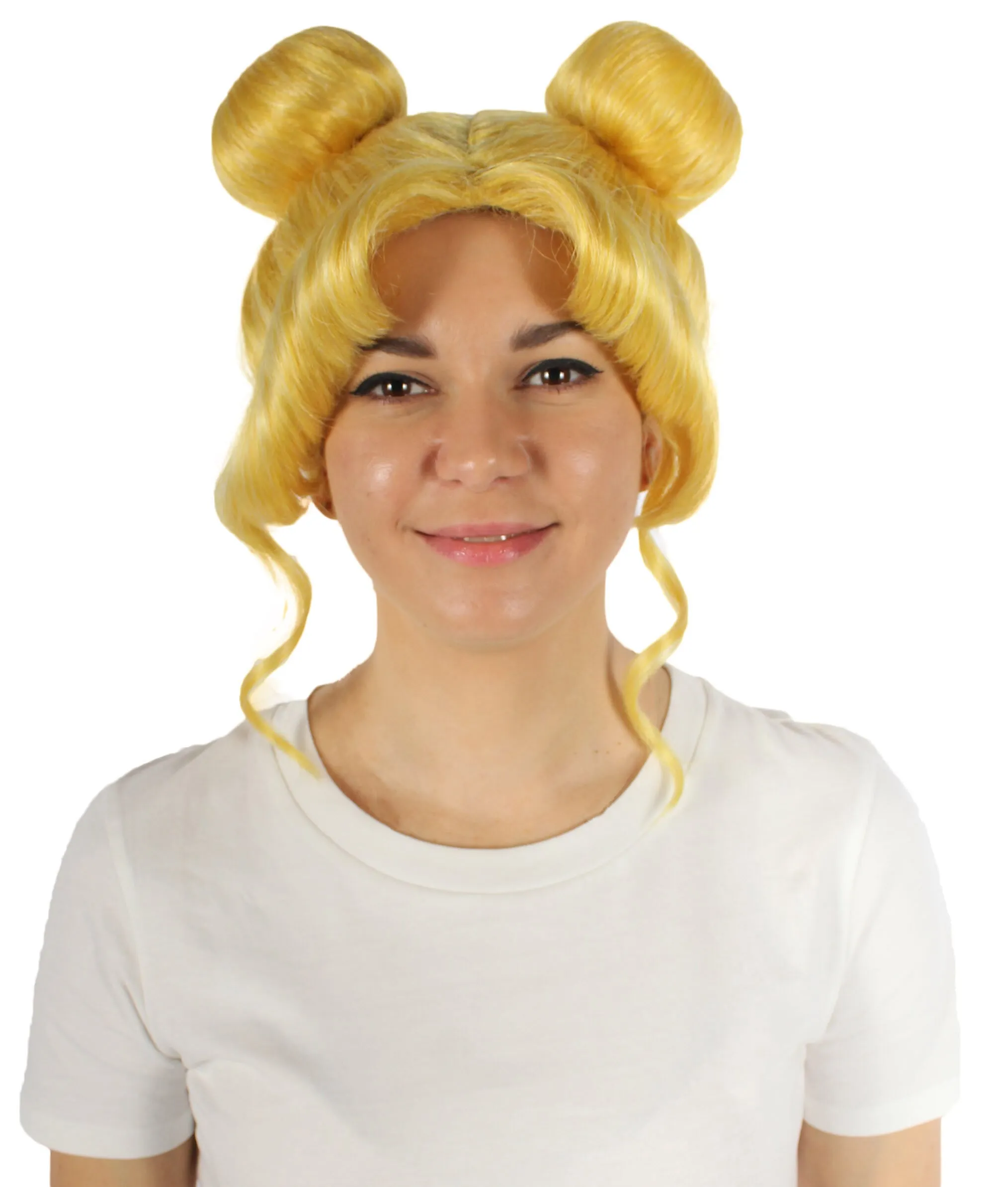 Adult Unisex Anime Yellow-blonde Wig with Buns, Perfect for Halloween, Flame-retardant Synthetic Fiber