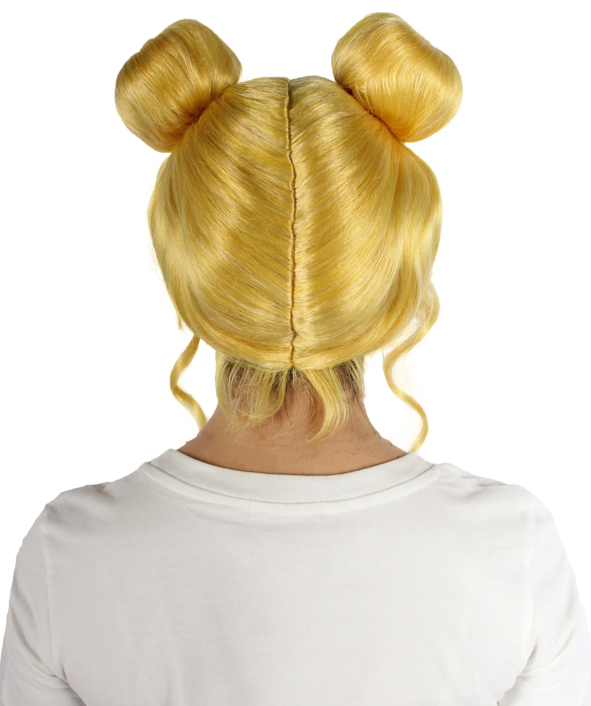 Adult Unisex Anime Yellow-blonde Wig with Buns, Perfect for Halloween, Flame-retardant Synthetic Fiber