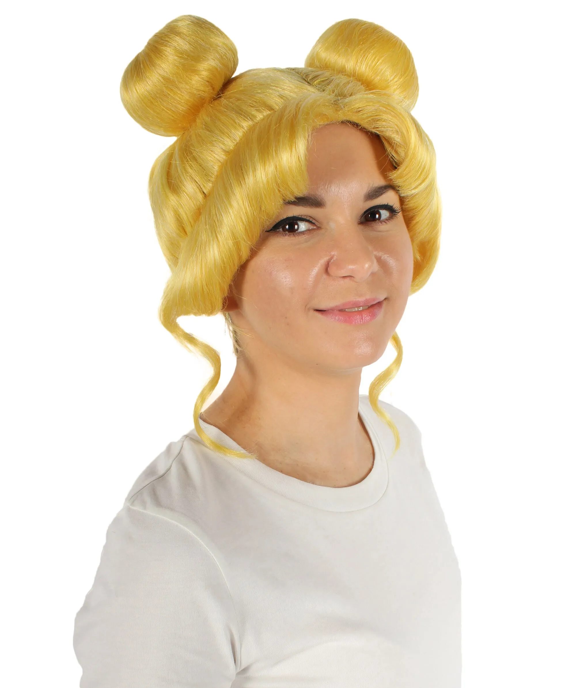 Adult Unisex Anime Yellow-blonde Wig with Buns, Perfect for Halloween, Flame-retardant Synthetic Fiber