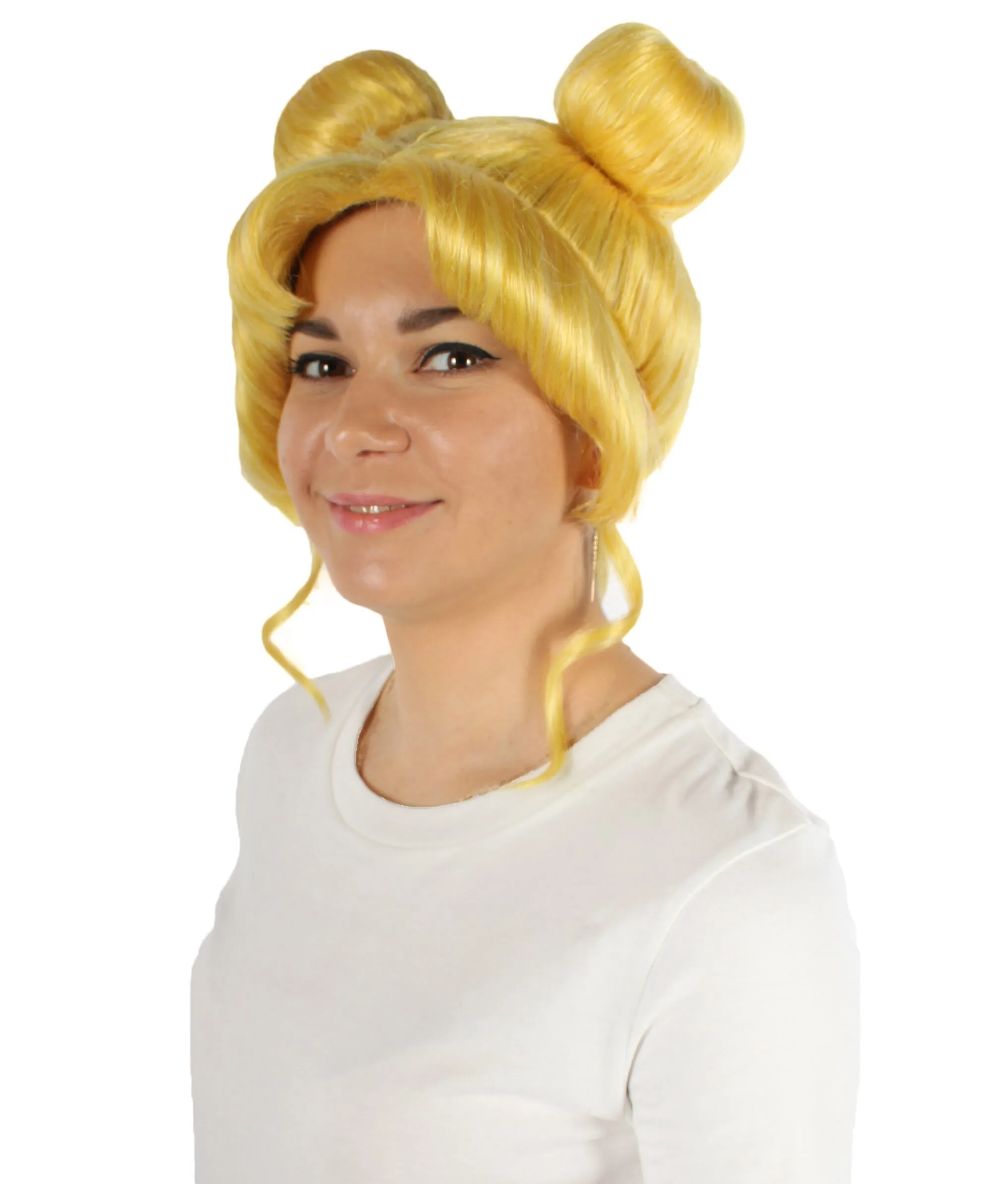 Adult Unisex Anime Yellow-blonde Wig with Buns, Perfect for Halloween, Flame-retardant Synthetic Fiber