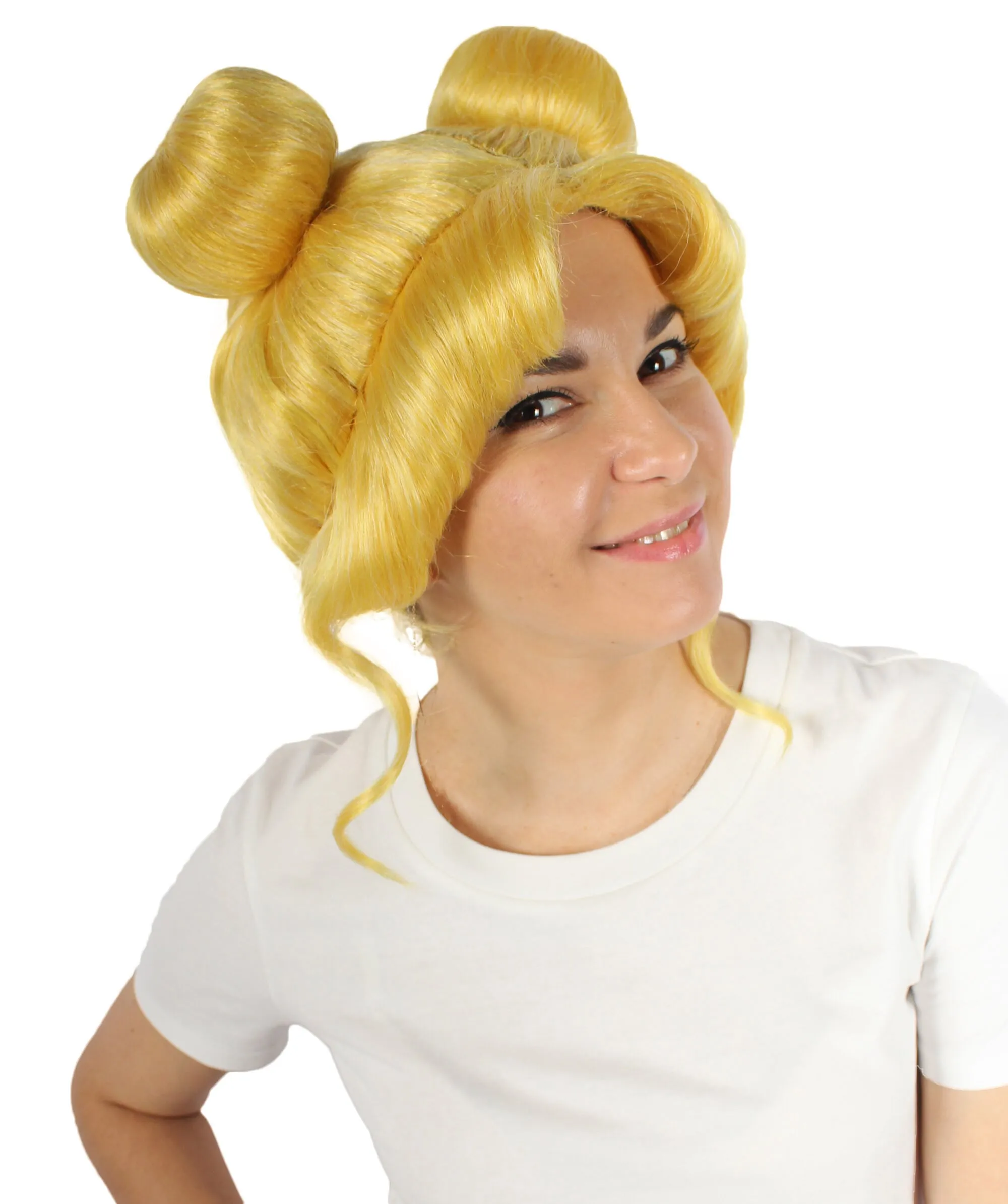 Adult Unisex Anime Yellow-blonde Wig with Buns, Perfect for Halloween, Flame-retardant Synthetic Fiber