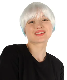 Adult Unisex Cream White Bixie Wig with Light Blue Streak, Perfect for Halloween, Flame-retardant Synthetic Fiber