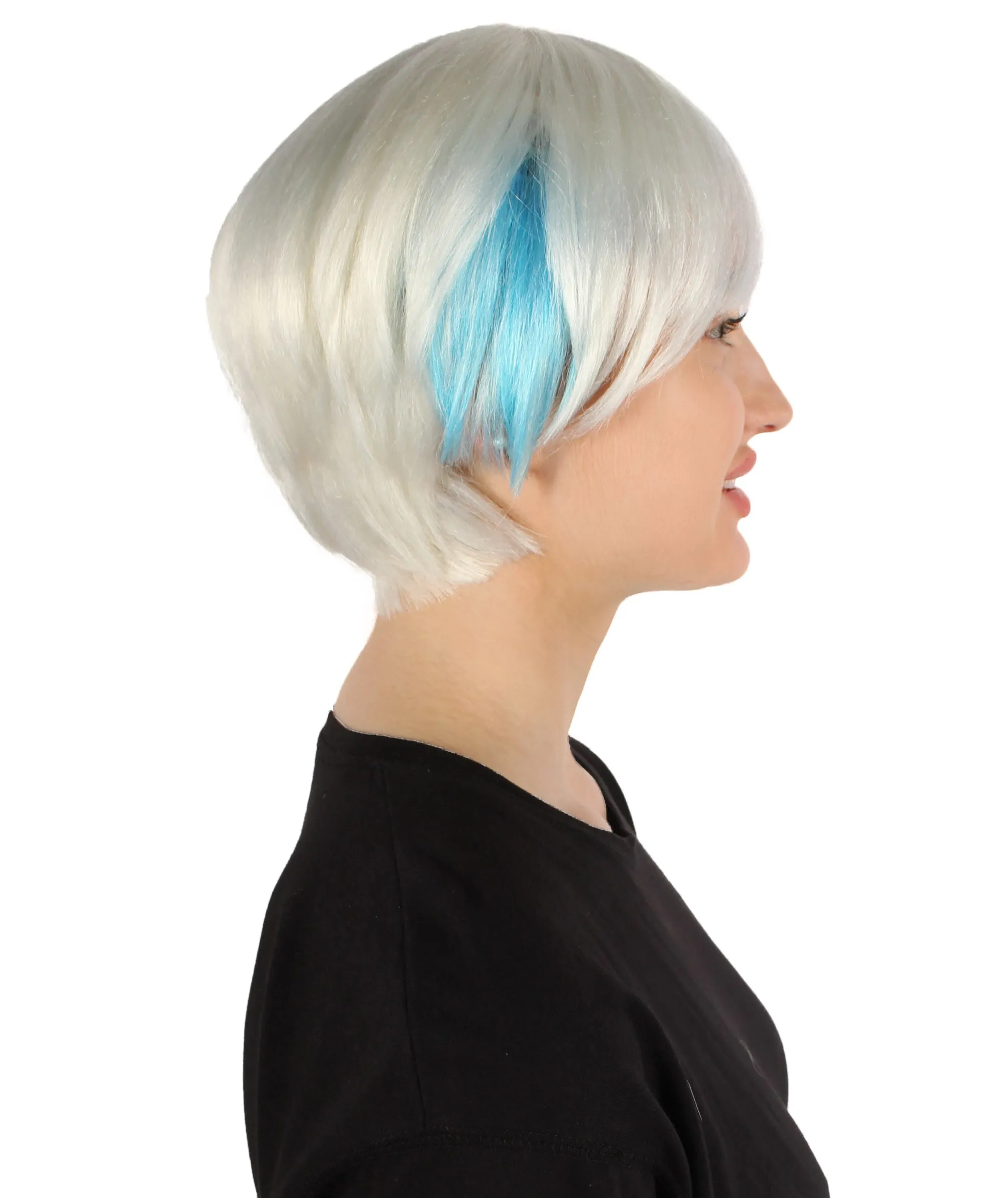 Adult Unisex Cream White Bixie Wig with Light Blue Streak, Perfect for Halloween, Flame-retardant Synthetic Fiber