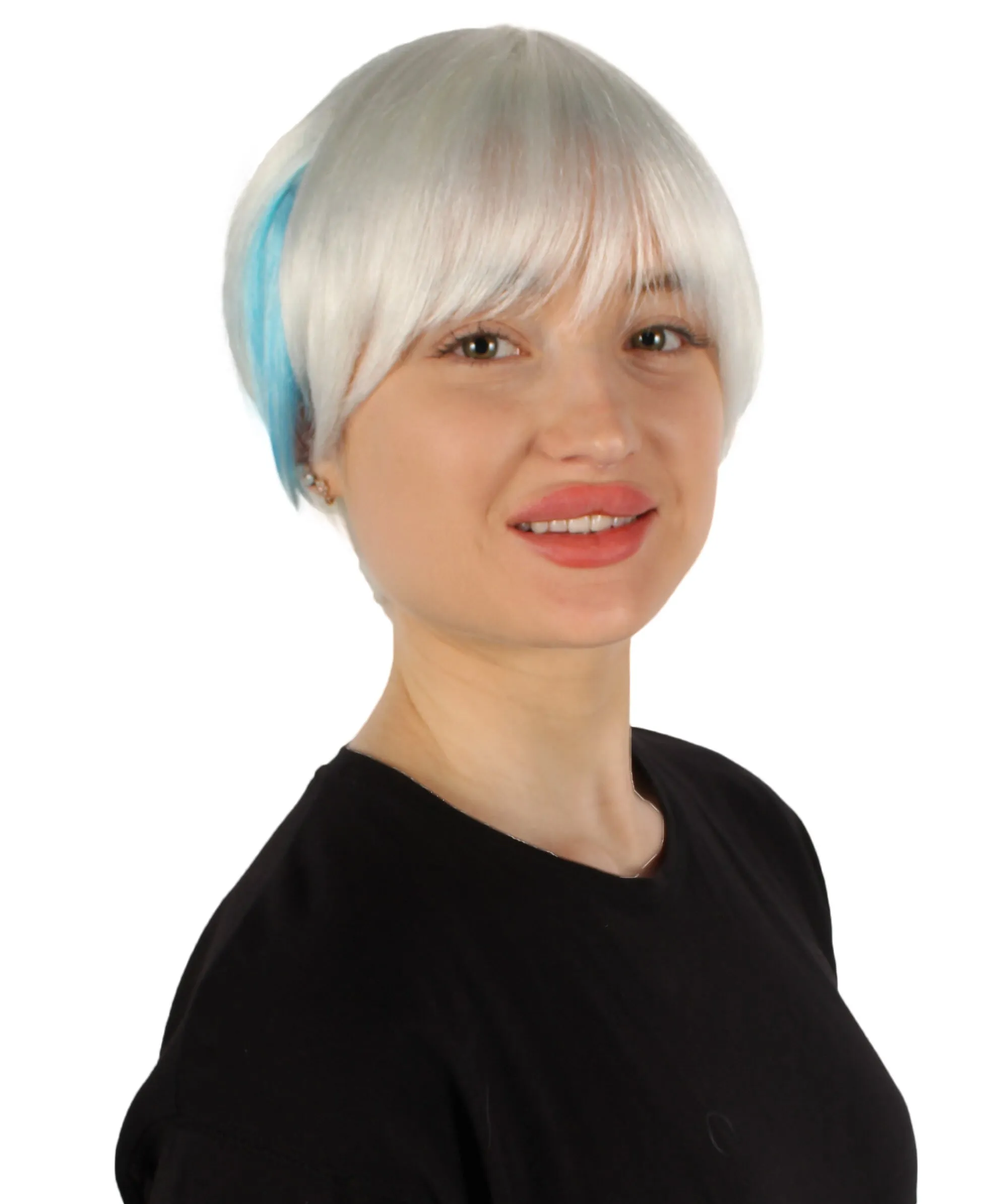 Adult Unisex Cream White Bixie Wig with Light Blue Streak, Perfect for Halloween, Flame-retardant Synthetic Fiber