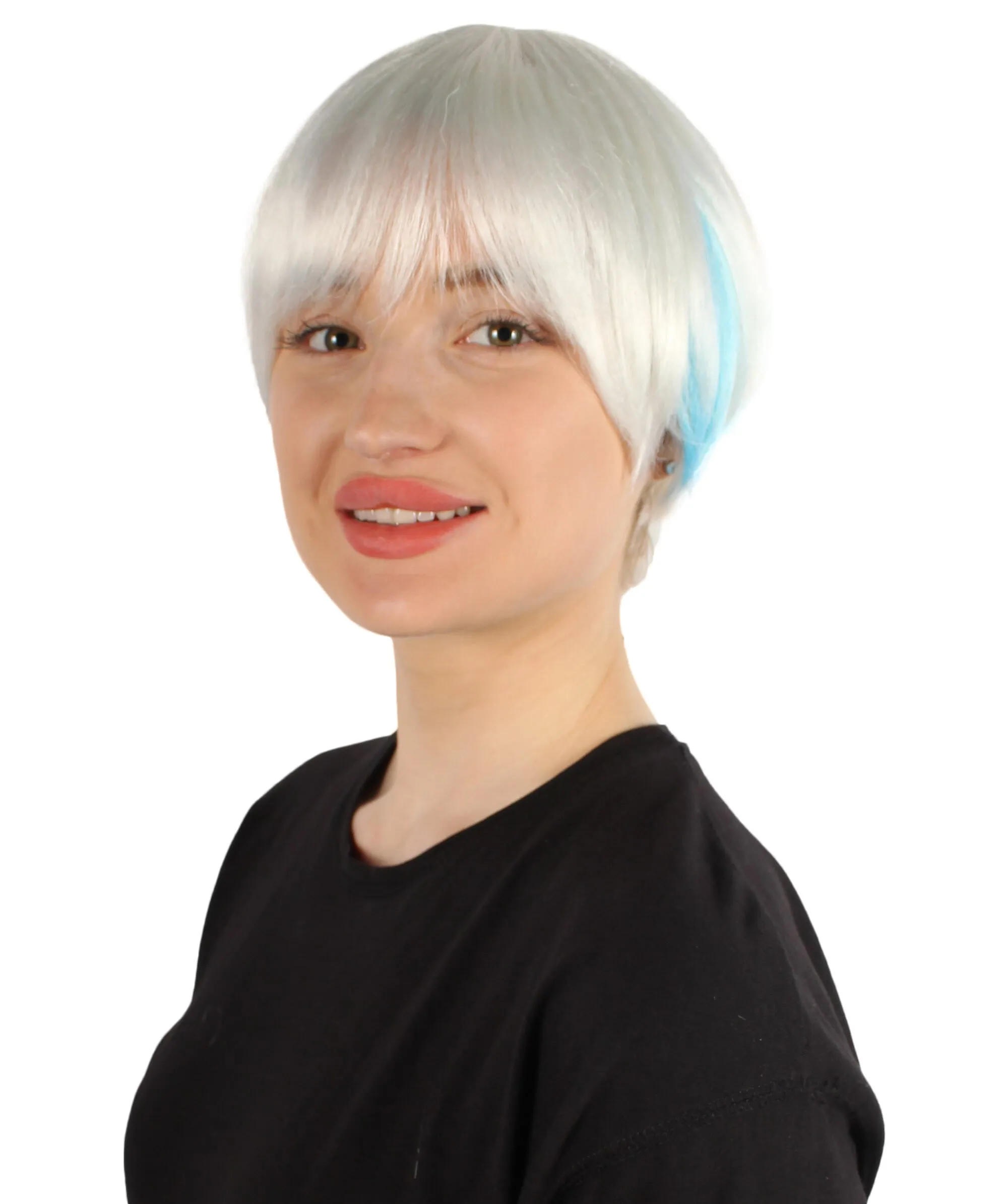 Adult Unisex Cream White Bixie Wig with Light Blue Streak, Perfect for Halloween, Flame-retardant Synthetic Fiber