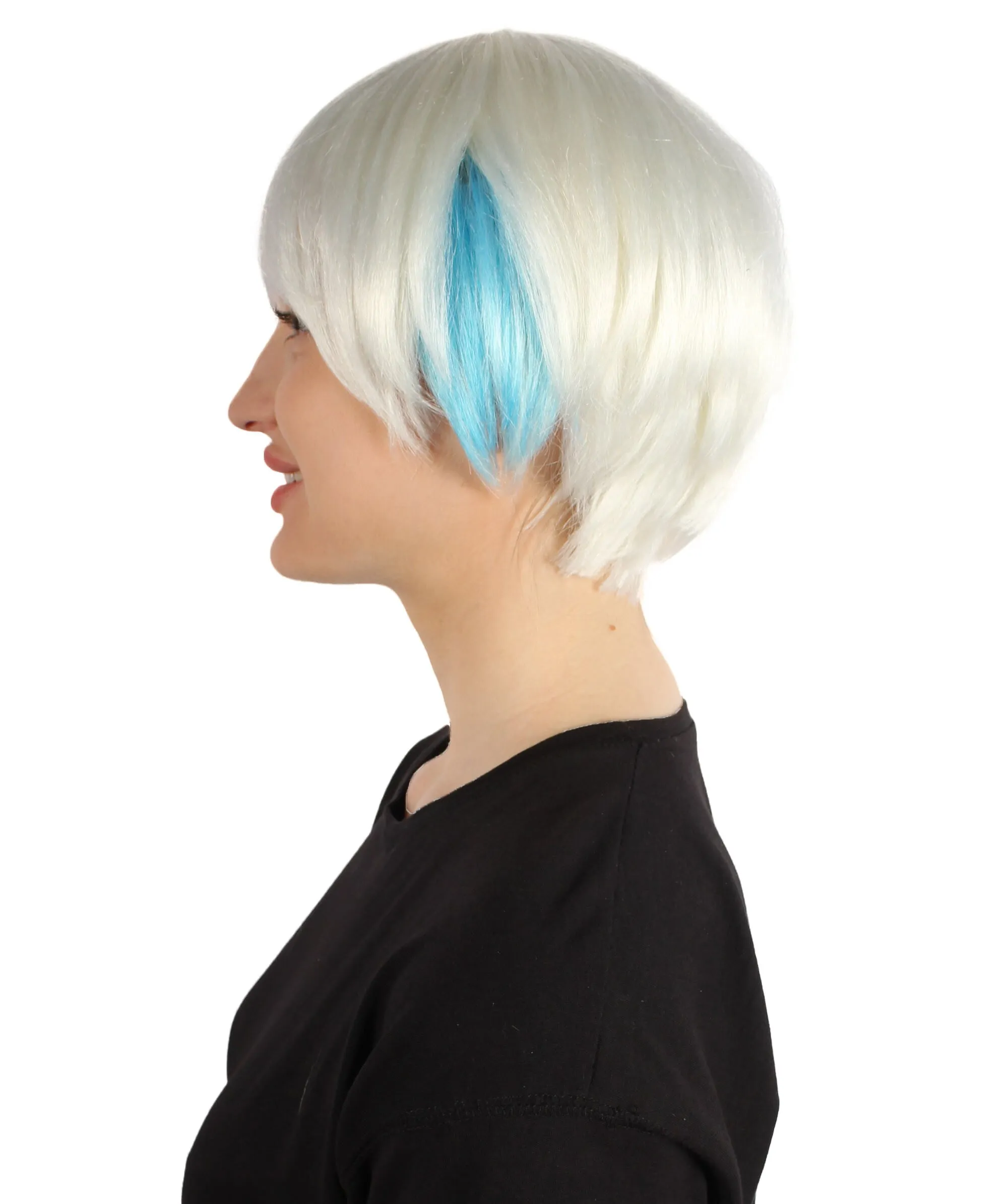 Adult Unisex Cream White Bixie Wig with Light Blue Streak, Perfect for Halloween, Flame-retardant Synthetic Fiber