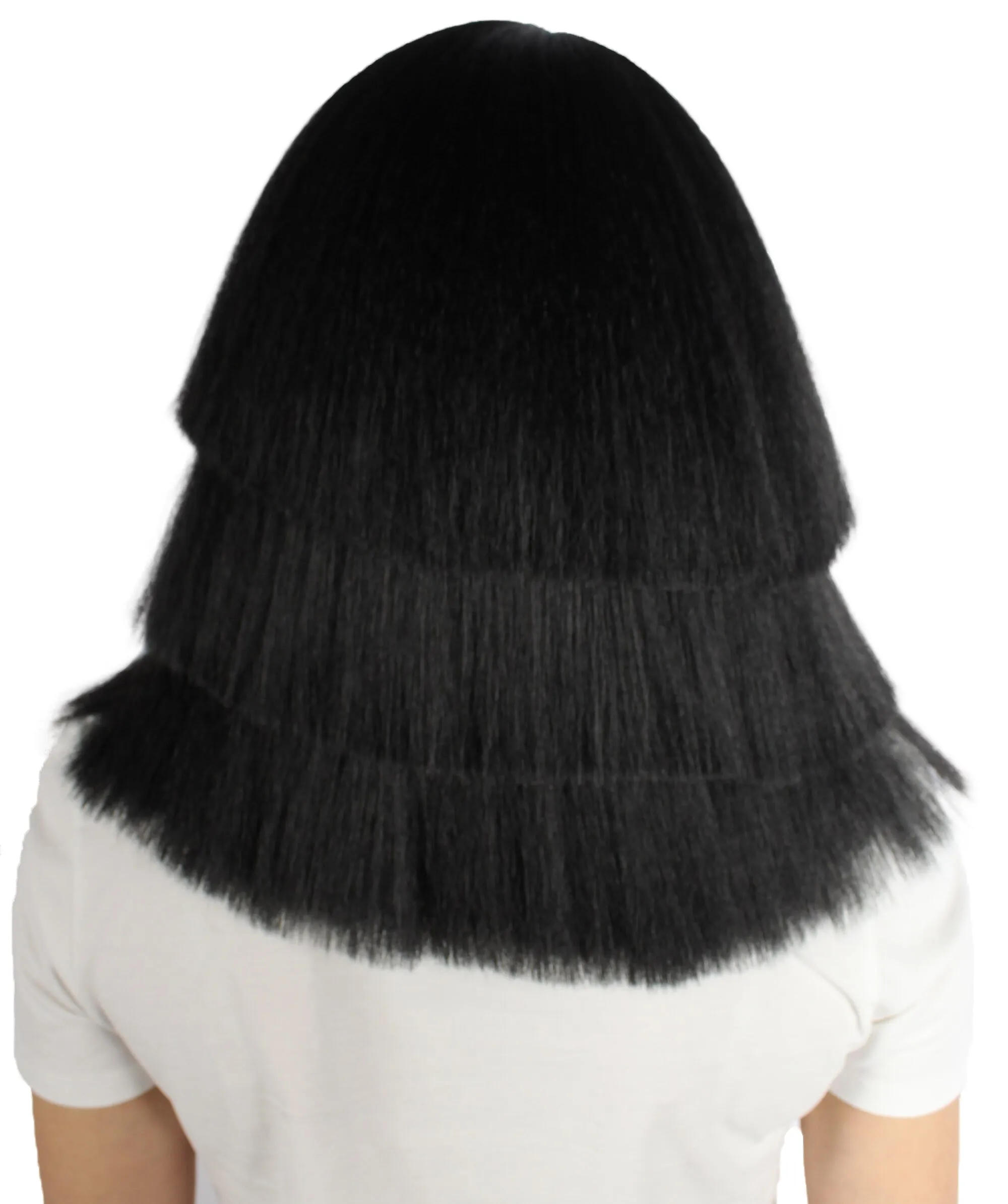 Adult Unisex Multi-layered Straight Black Wig with Bangs, Perfect for Halloween, Flame-retardant Synthetic Fiber