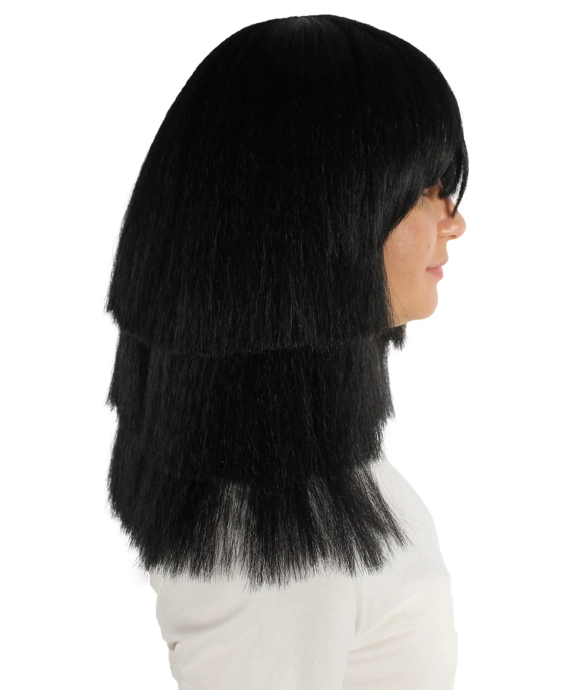 Adult Unisex Multi-layered Straight Black Wig with Bangs, Perfect for Halloween, Flame-retardant Synthetic Fiber