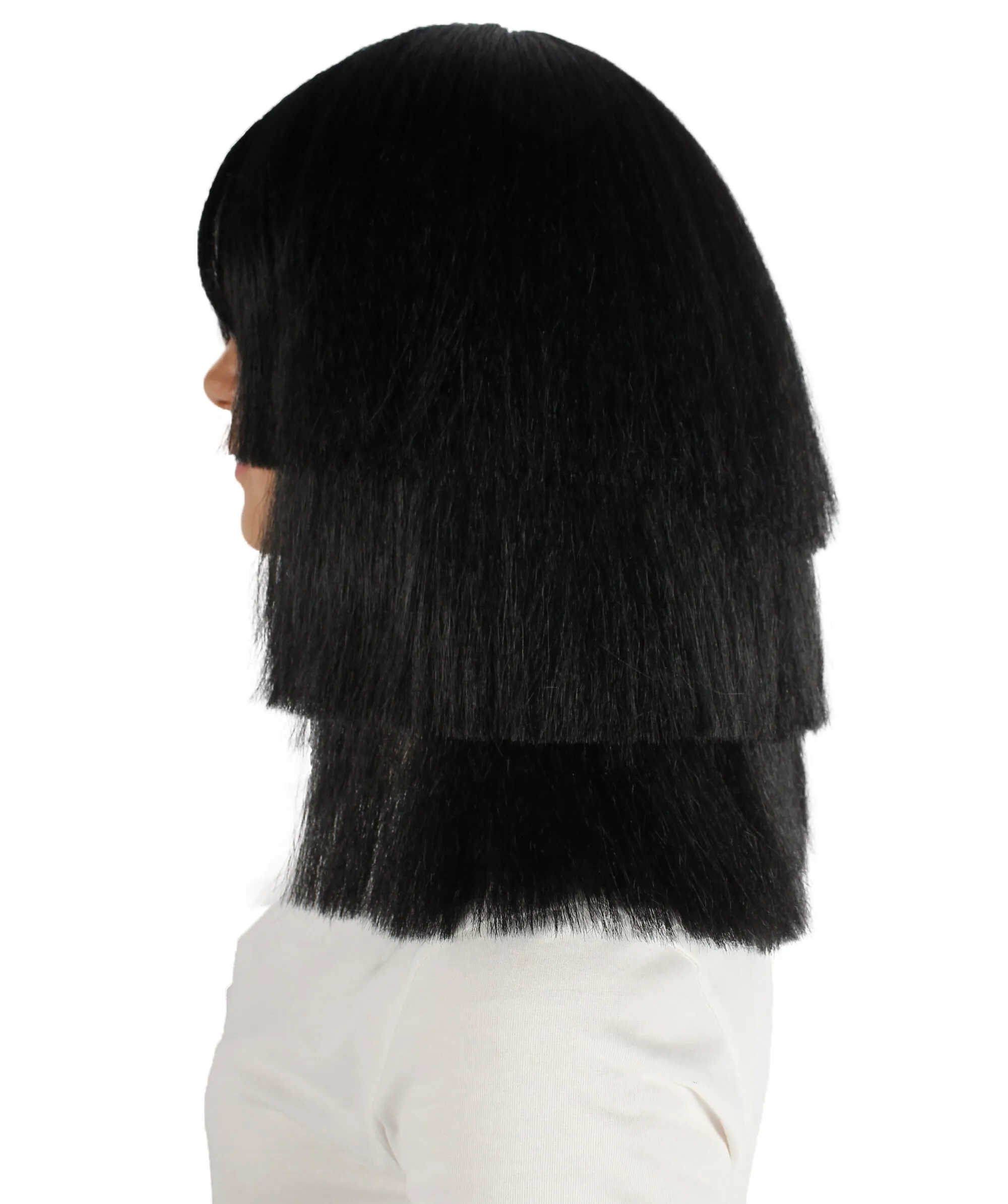 Adult Unisex Multi-layered Straight Black Wig with Bangs, Perfect for Halloween, Flame-retardant Synthetic Fiber