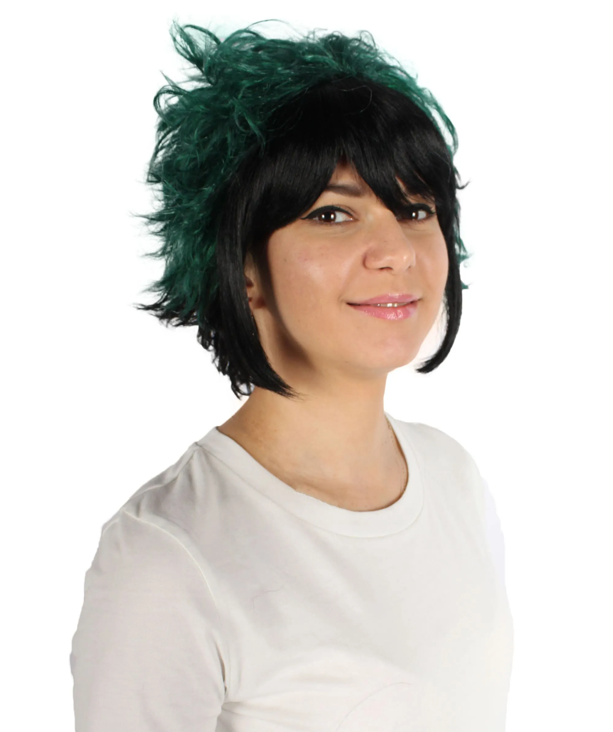 Adult Unisex Shaggy-layered Black & Green Choppy-Styled Wig, Perfect for Halloween, Flame-retardant Synthetic Fiber