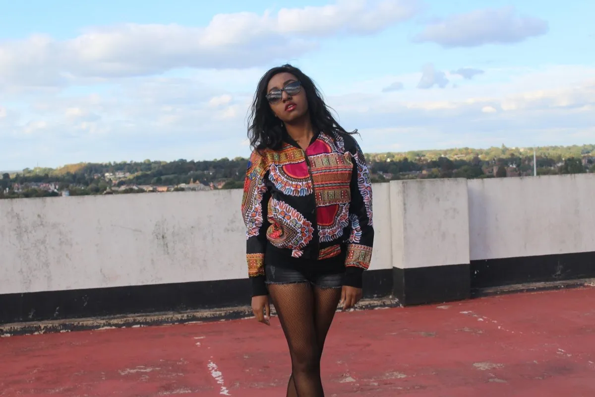 African Bomber Jacket in Black Dashiki Print - Festival Jacket