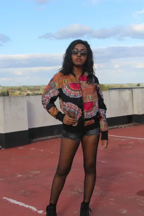 African Bomber Jacket in Black Dashiki Print - Festival Jacket