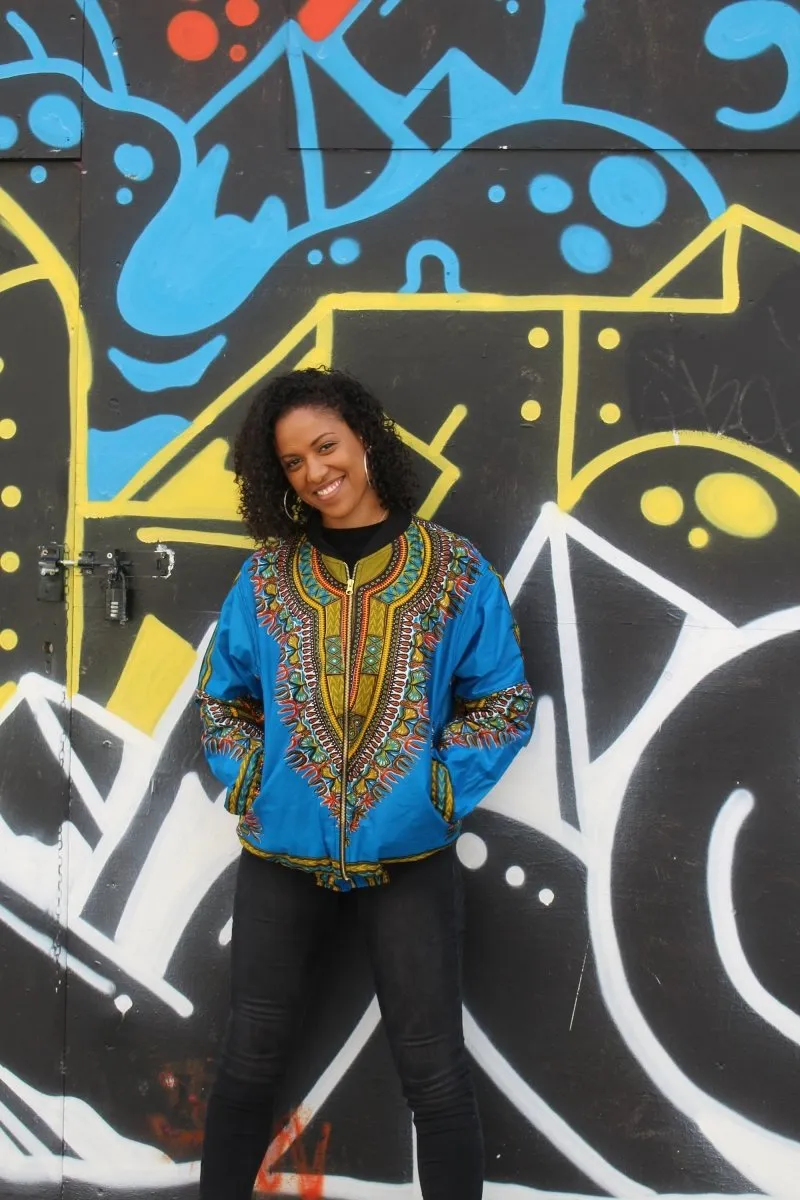 African Bomber Jacket in Blue Dashiki Print- Festival Clothing