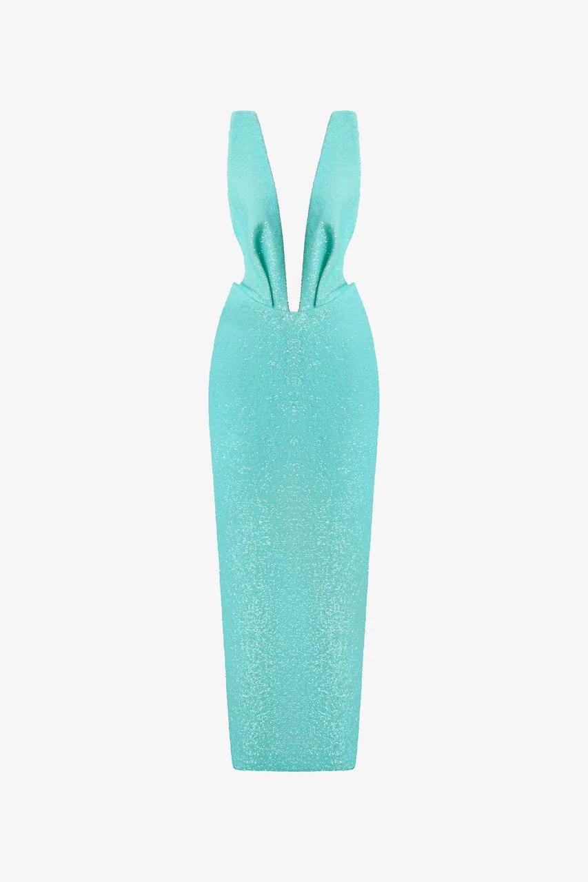 Aqua Blue Glitter V-Neck Bodycon Dress