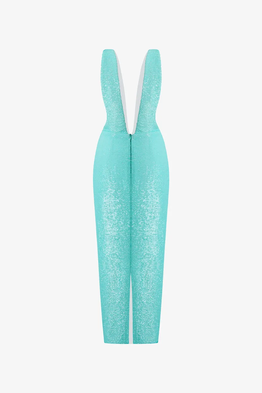 Aqua Blue Glitter V-Neck Bodycon Dress