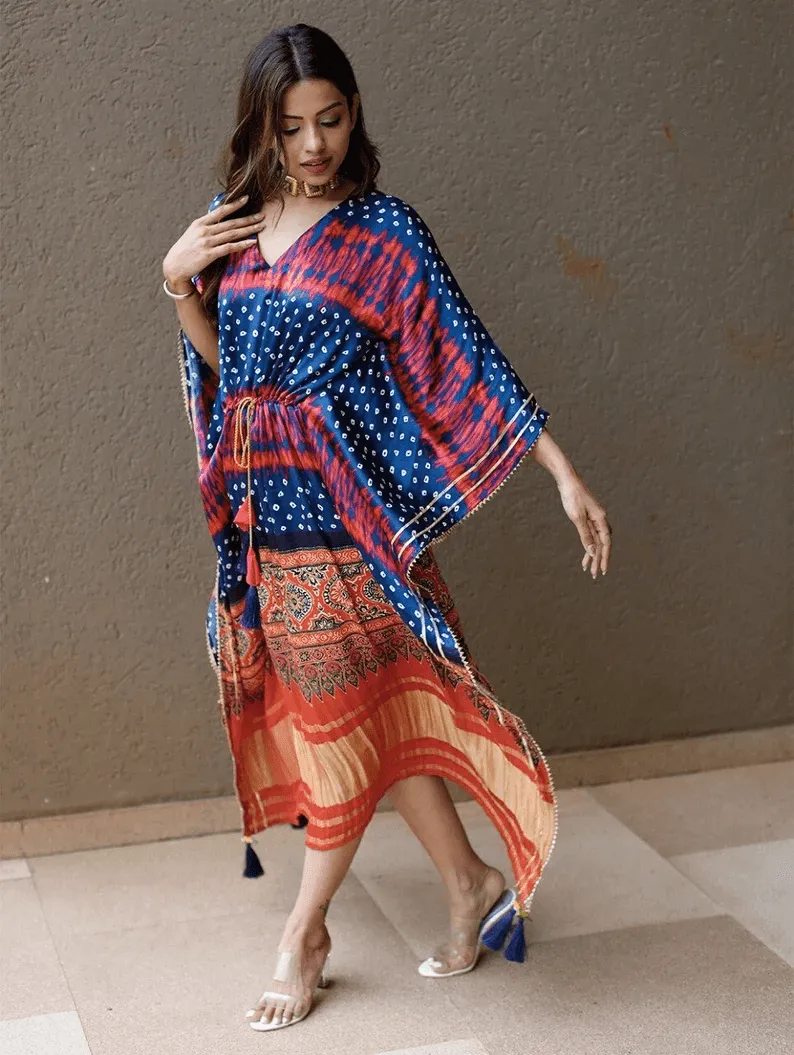 Bandhej Digital Print Silk Kaftan Dress