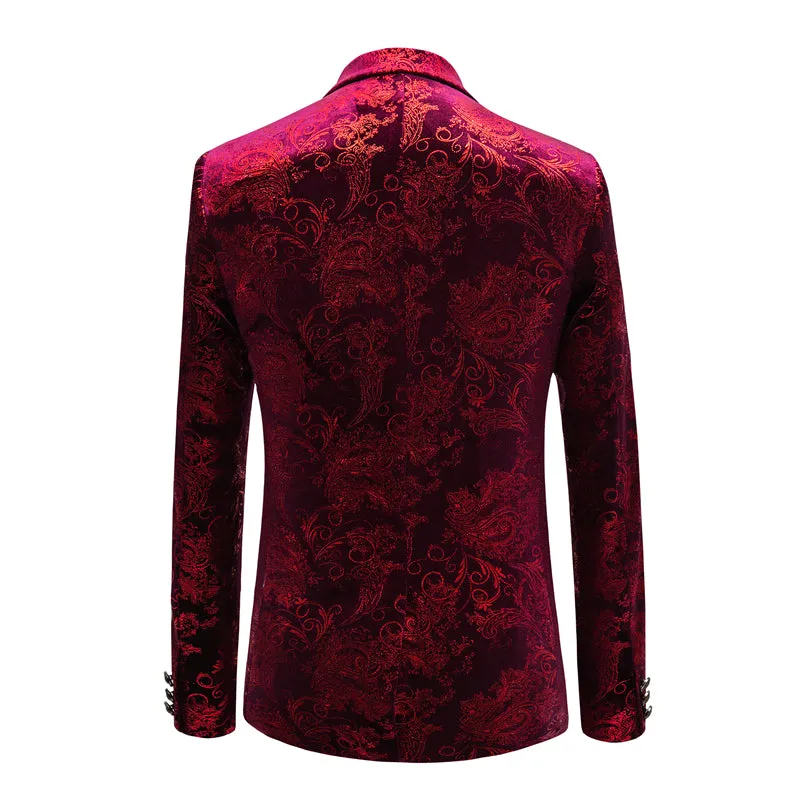 Baroque Pattern Men Slim Fit Burgundy Velvet Blazer