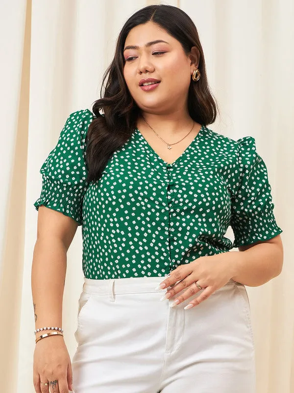 Berrylush Curve Women Green & White Floral Printed V-Neck Puff Sleeves Button-Up Smocked Regular Top