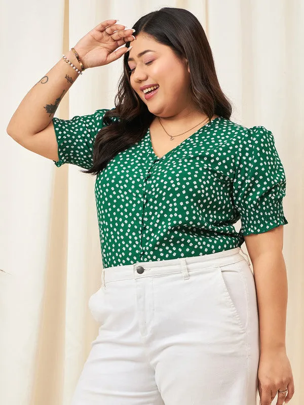 Berrylush Curve Women Green & White Floral Printed V-Neck Puff Sleeves Button-Up Smocked Regular Top