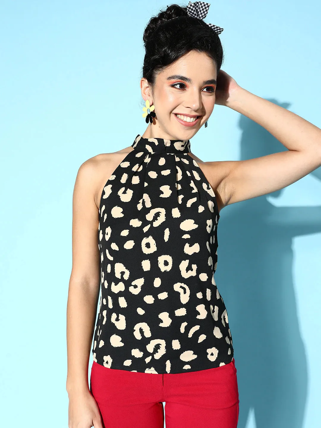 Berrylush Women Black & Beige Animal Printed High Neck Sleeveless Tie-Up Back Regular Top