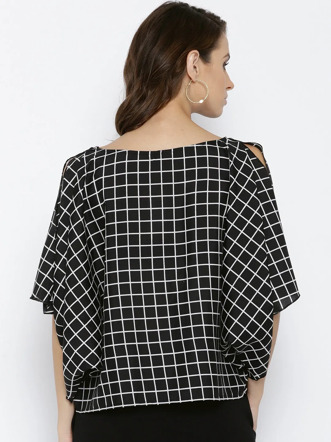 Berrylush Women Black & White Checked Pattern Round Neck Three-quarter Slited Sleeves Regular Boxy Top