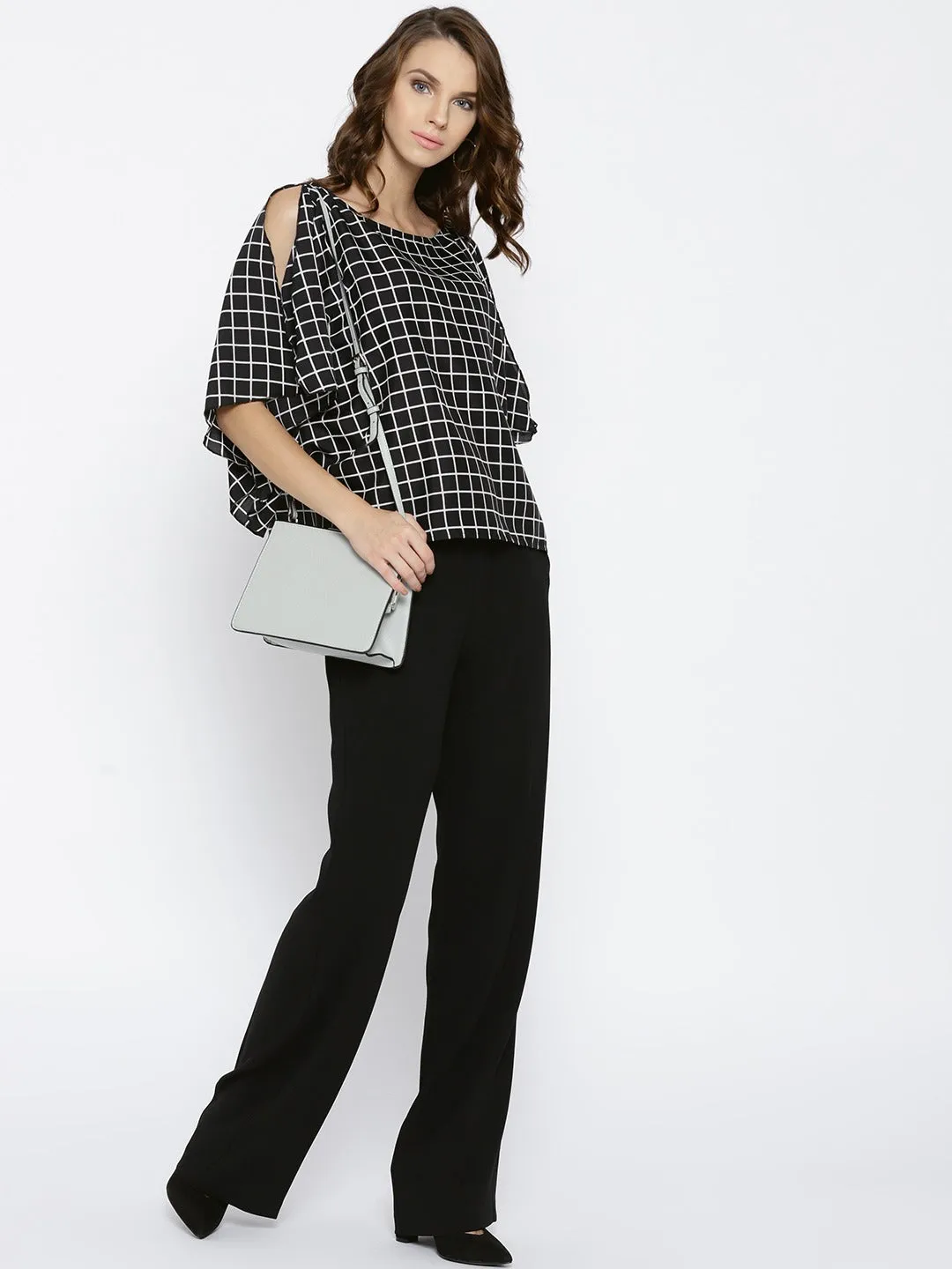 Berrylush Women Black & White Checked Pattern Round Neck Three-quarter Slited Sleeves Regular Boxy Top