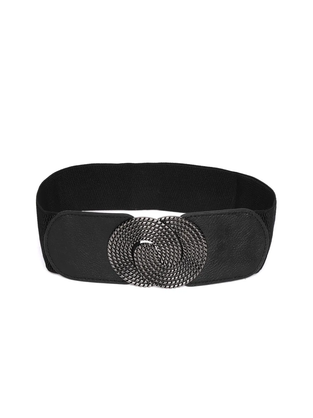 Berrylush Women Black Elastic Strap Ying Yang Buckle Belt