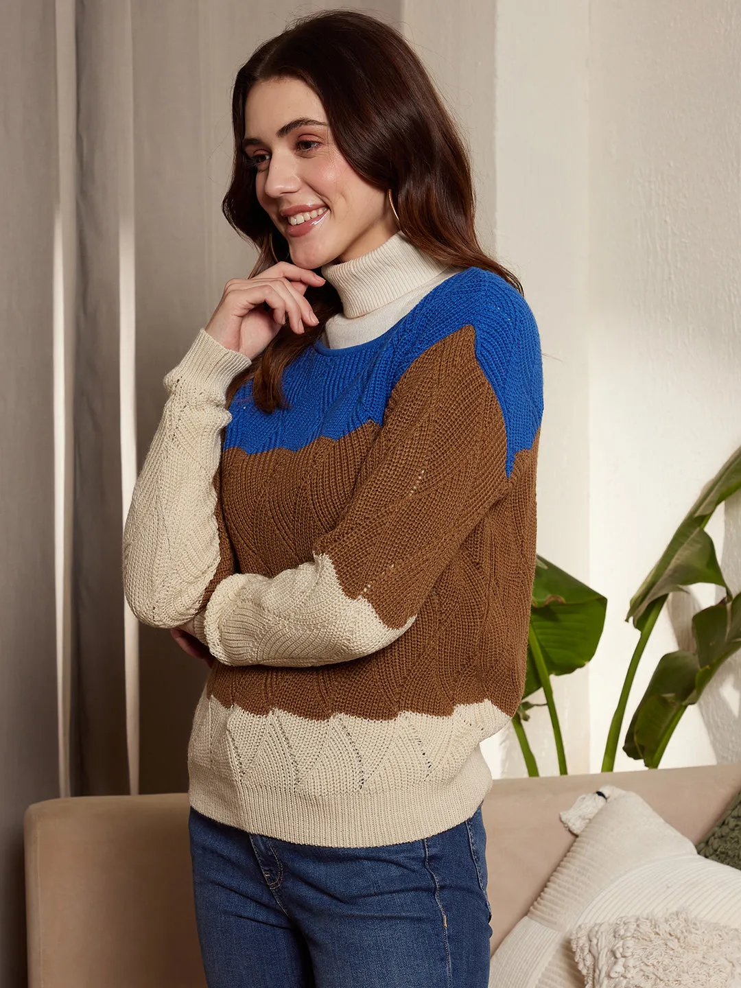 Berrylush Women Blue, Brown, & Beige Colourblocked Pattern Boat Neck Drop-Shoulder Sleeves Ribbed Hem Regular Sweater