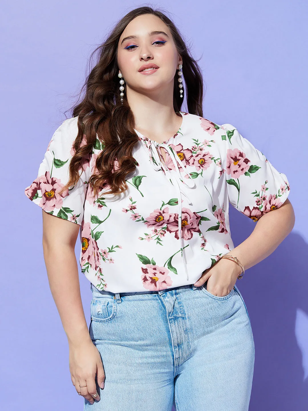 Berrylush Women Plus Size White & Pink Floral Printed Tie-Up Neck Puff Sleeve Regular Top