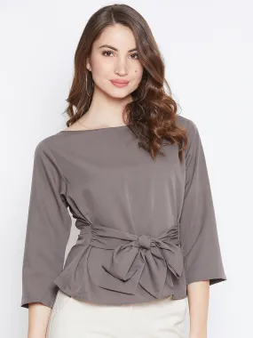 Berrylush Women Solid Grey Boat Neck Three-Quarter Sleeve Waist Tie-Up Top