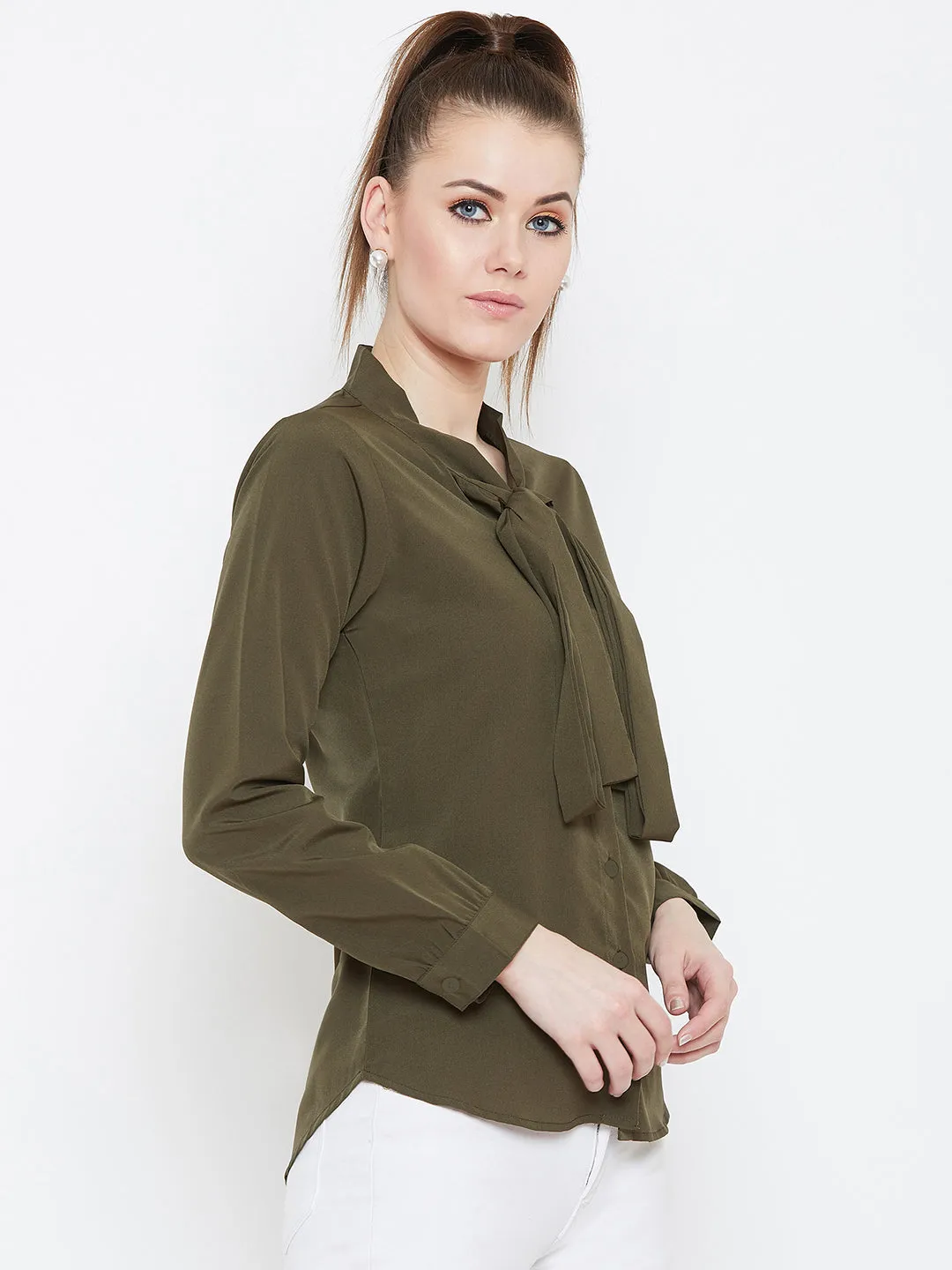 Berrylush Women Solid Olive Green Tie-Up Neck Cuffed Sleeves Shirt Style Top