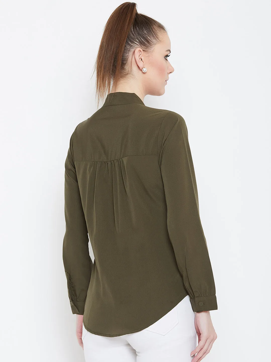 Berrylush Women Solid Olive Green Tie-Up Neck Cuffed Sleeves Shirt Style Top