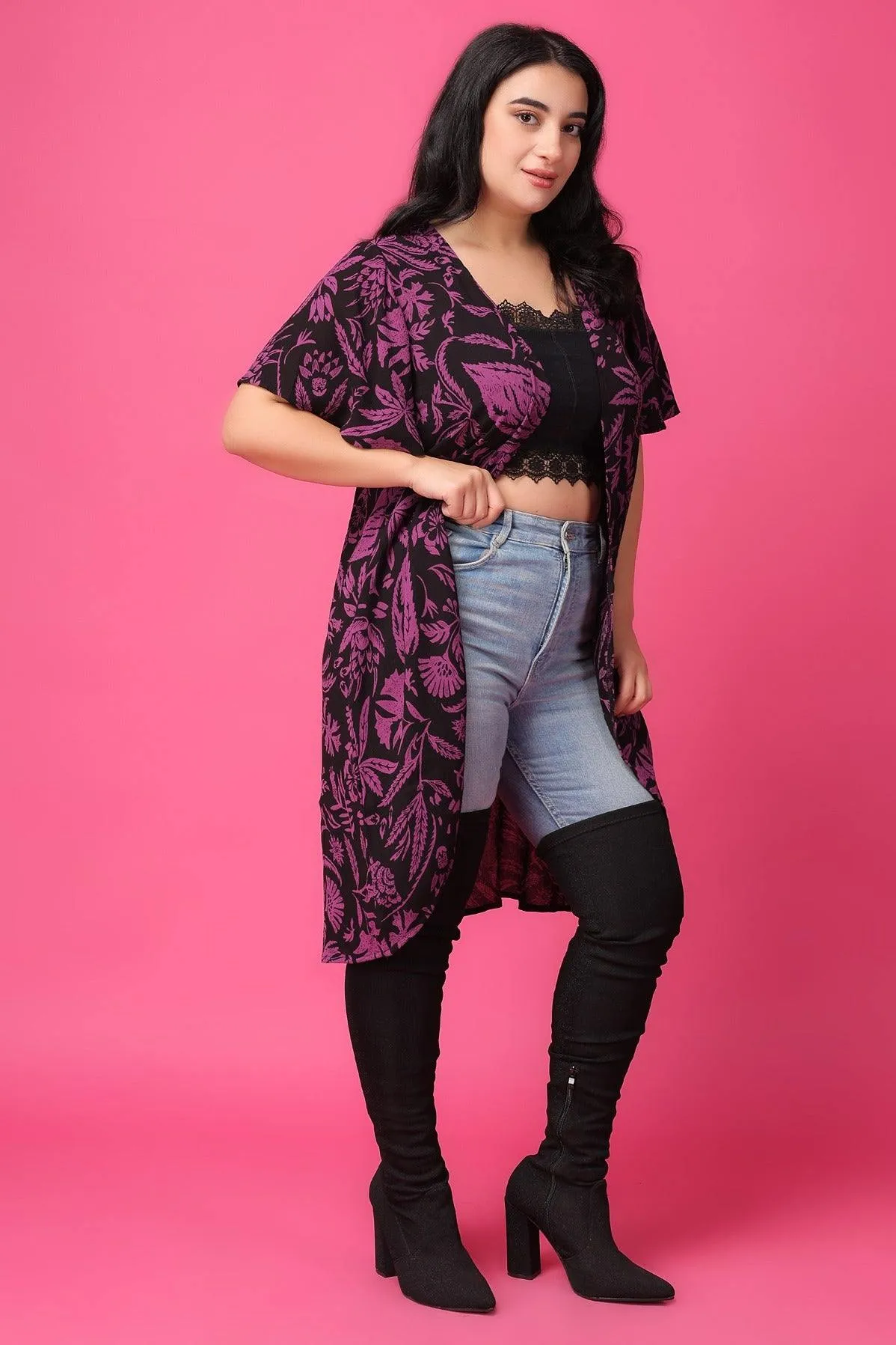 Black & Purple Floral Printed Long Shrug