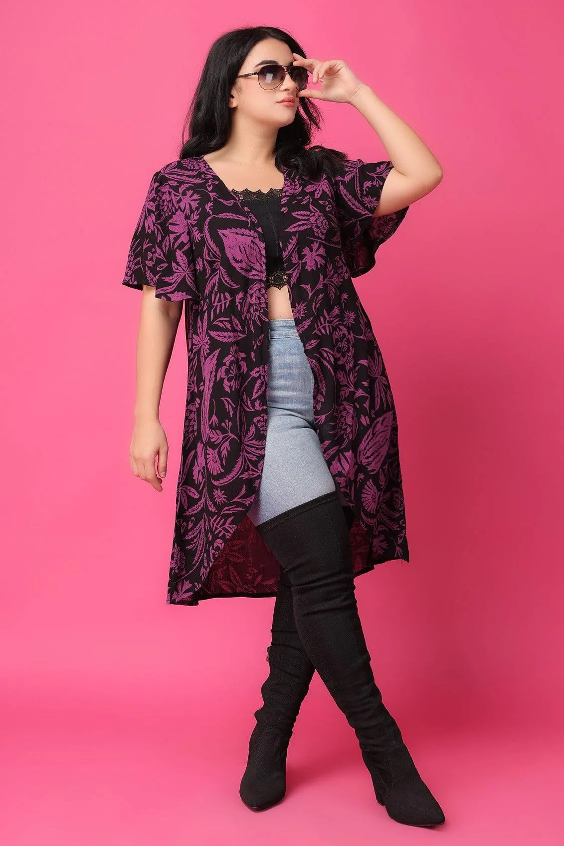 Black & Purple Floral Printed Long Shrug