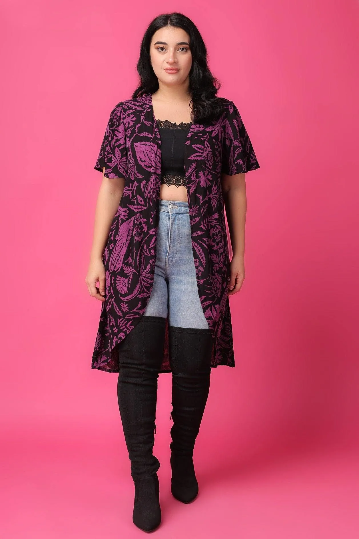 Black & Purple Floral Printed Long Shrug