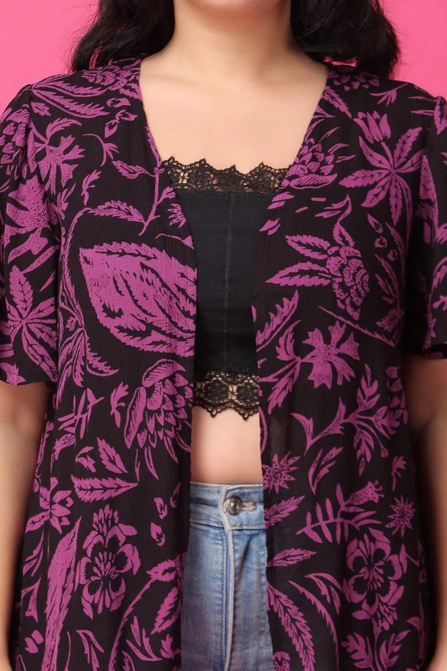 Black & Purple Floral Printed Long Shrug