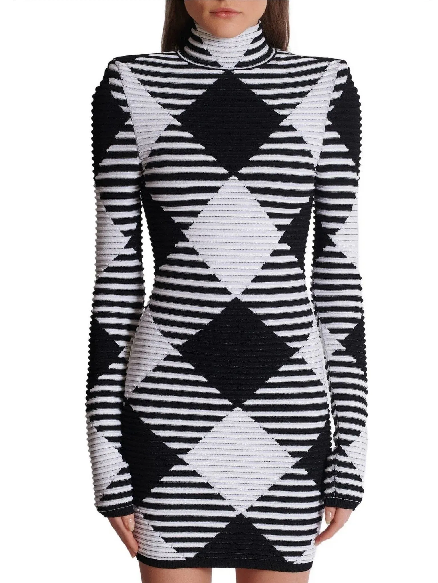 Black and White Gingham Mock-Neck Mini Dress