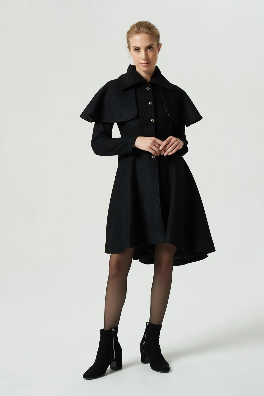 black fit and flare wool coat for women 1975#