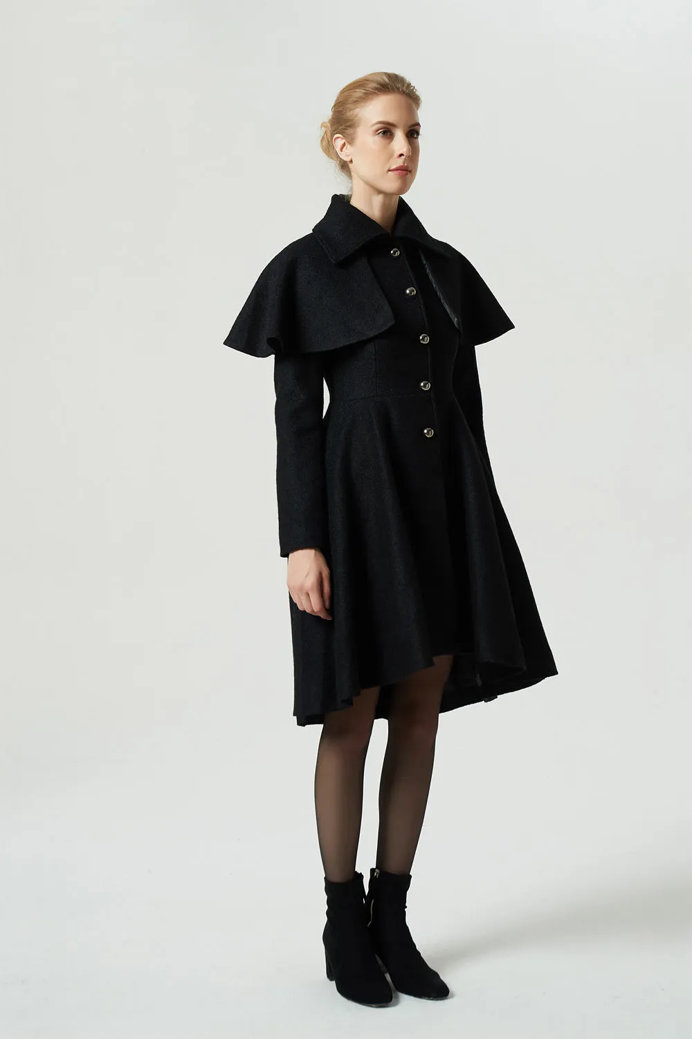 black fit and flare wool coat for women 1975#