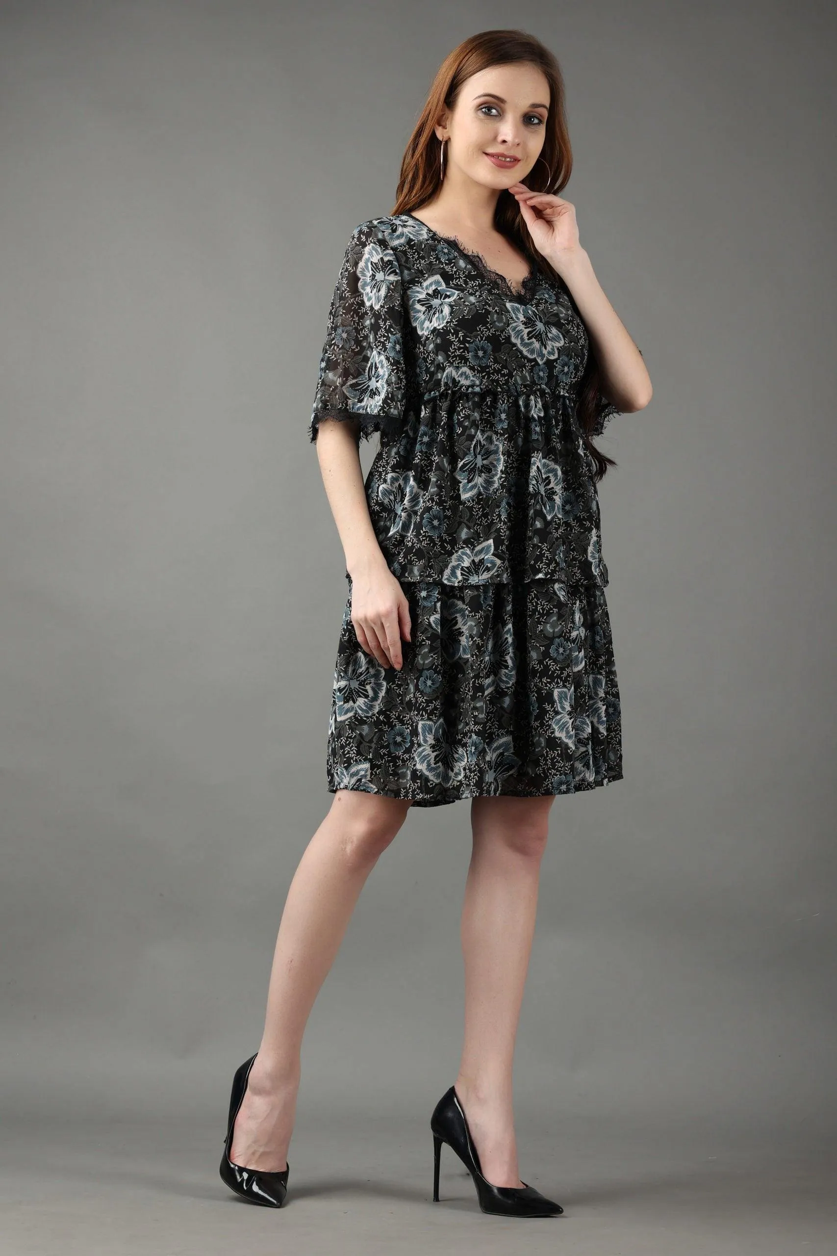 Black Floral Printed Layered Frill Dress