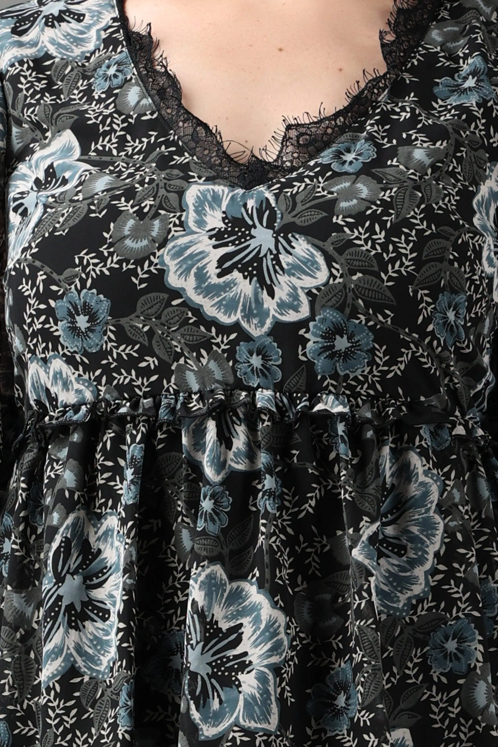 Black Floral Printed Layered Frill Dress