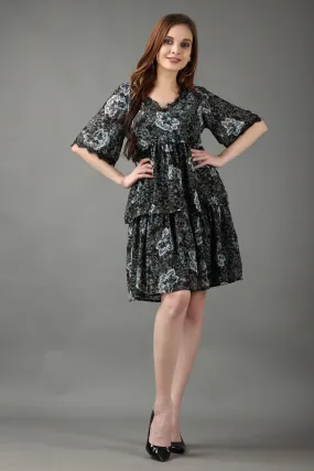 Black Floral Printed Layered Frill Dress