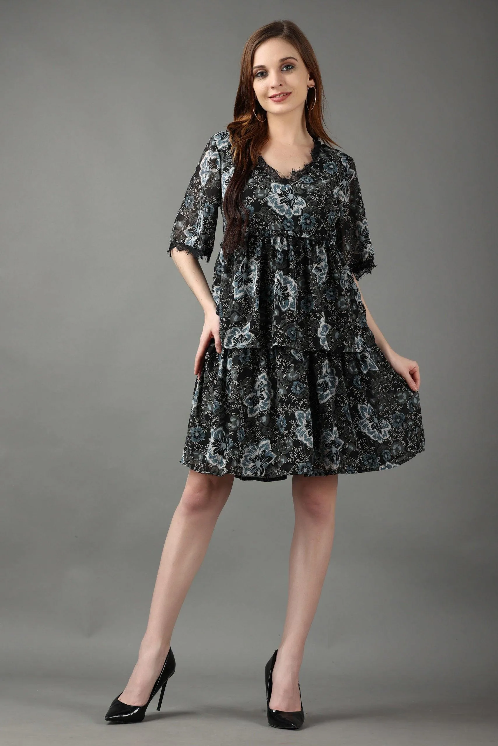 Black Floral Printed Layered Frill Dress