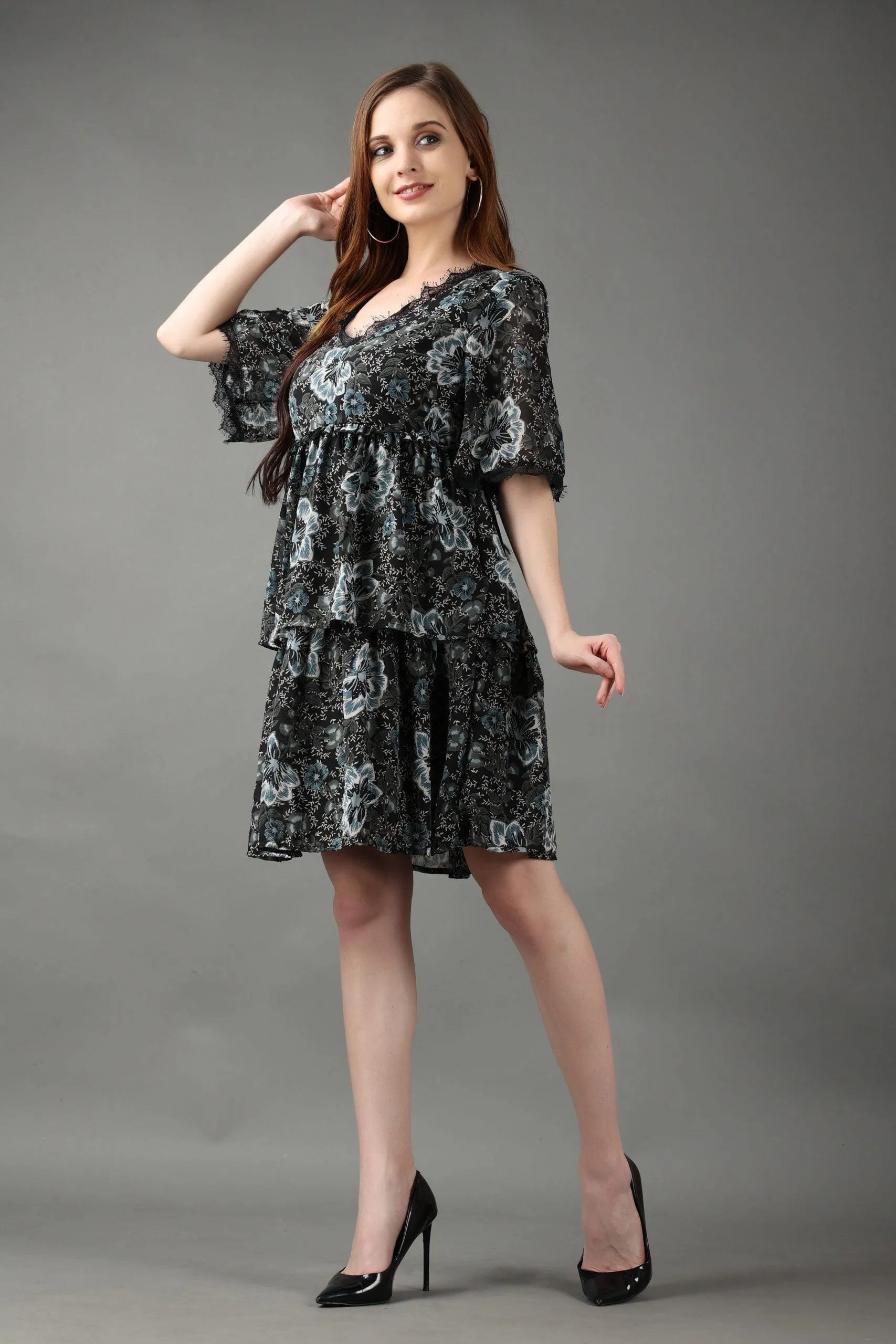 Black Floral Printed Layered Frill Dress