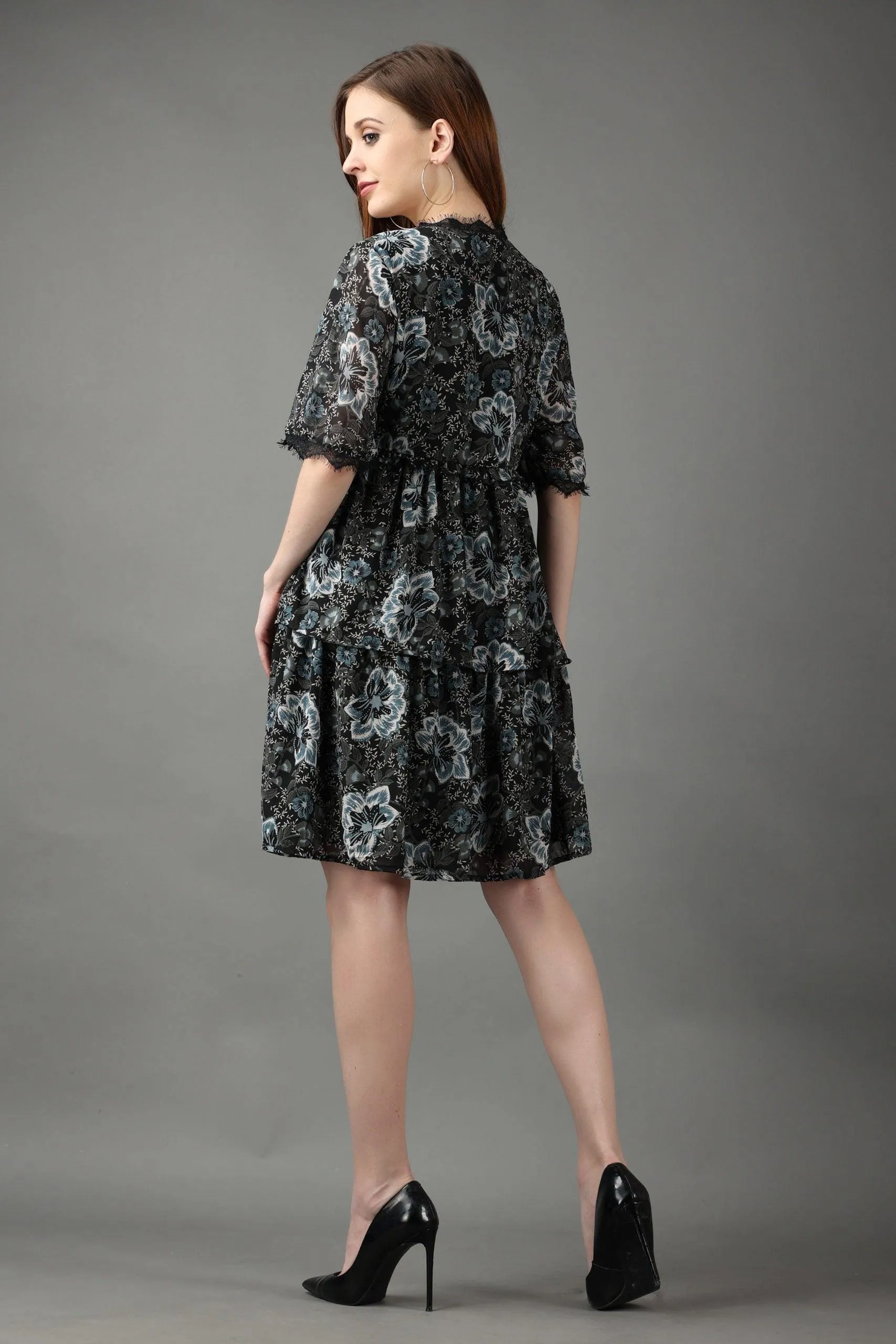 Black Floral Printed Layered Frill Dress