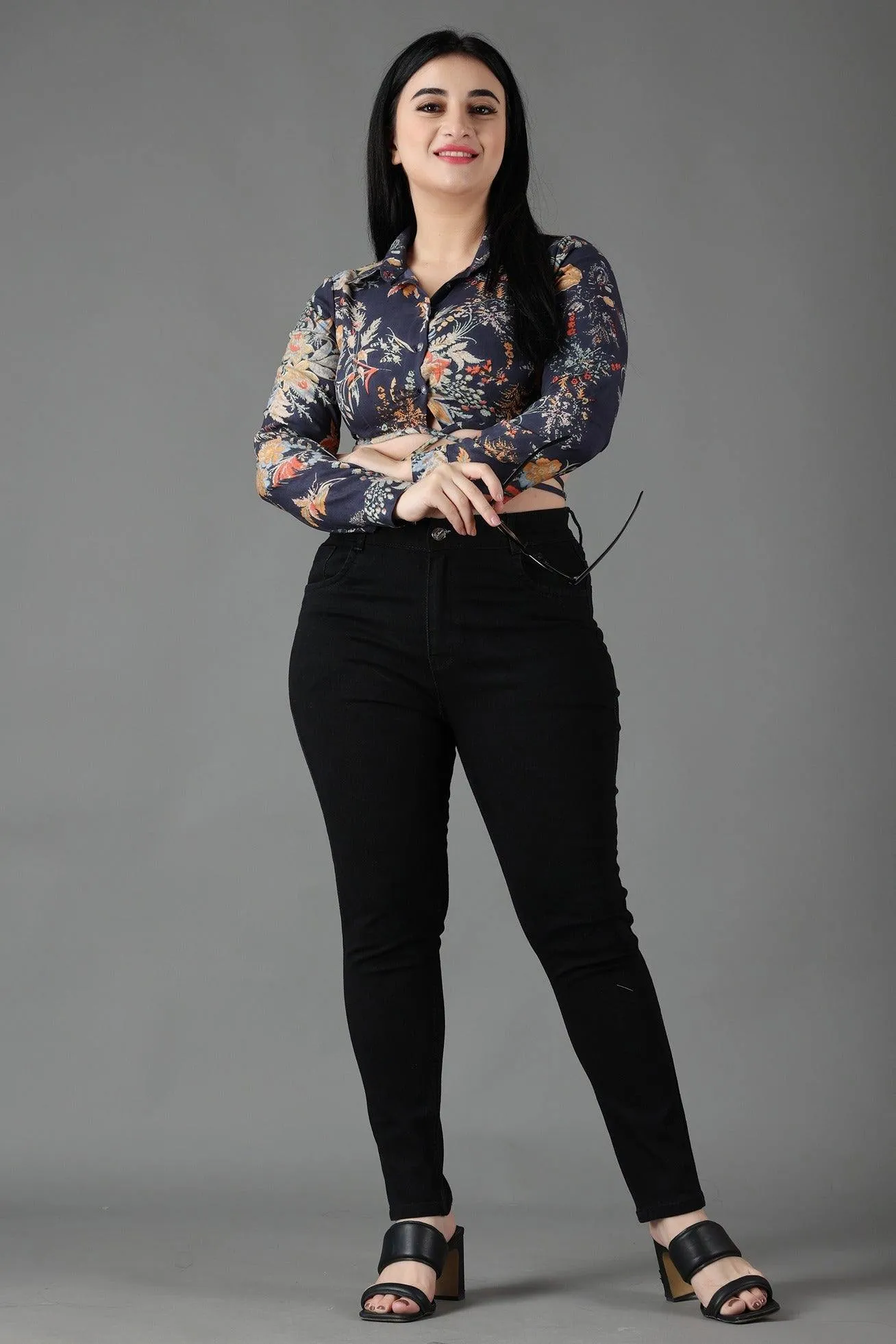 Black Floral Shirt Style Tie Around Top