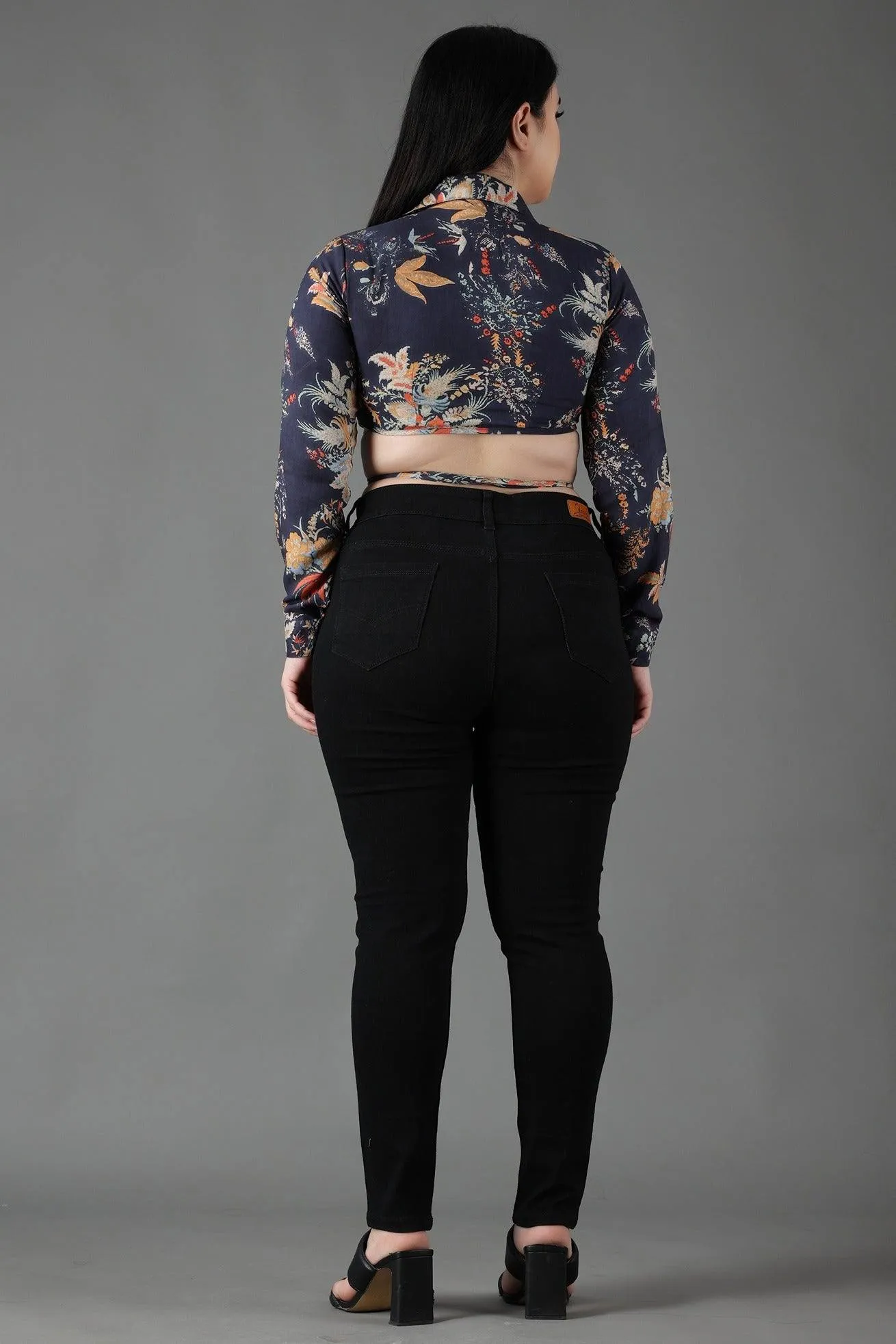 Black Floral Shirt Style Tie Around Top