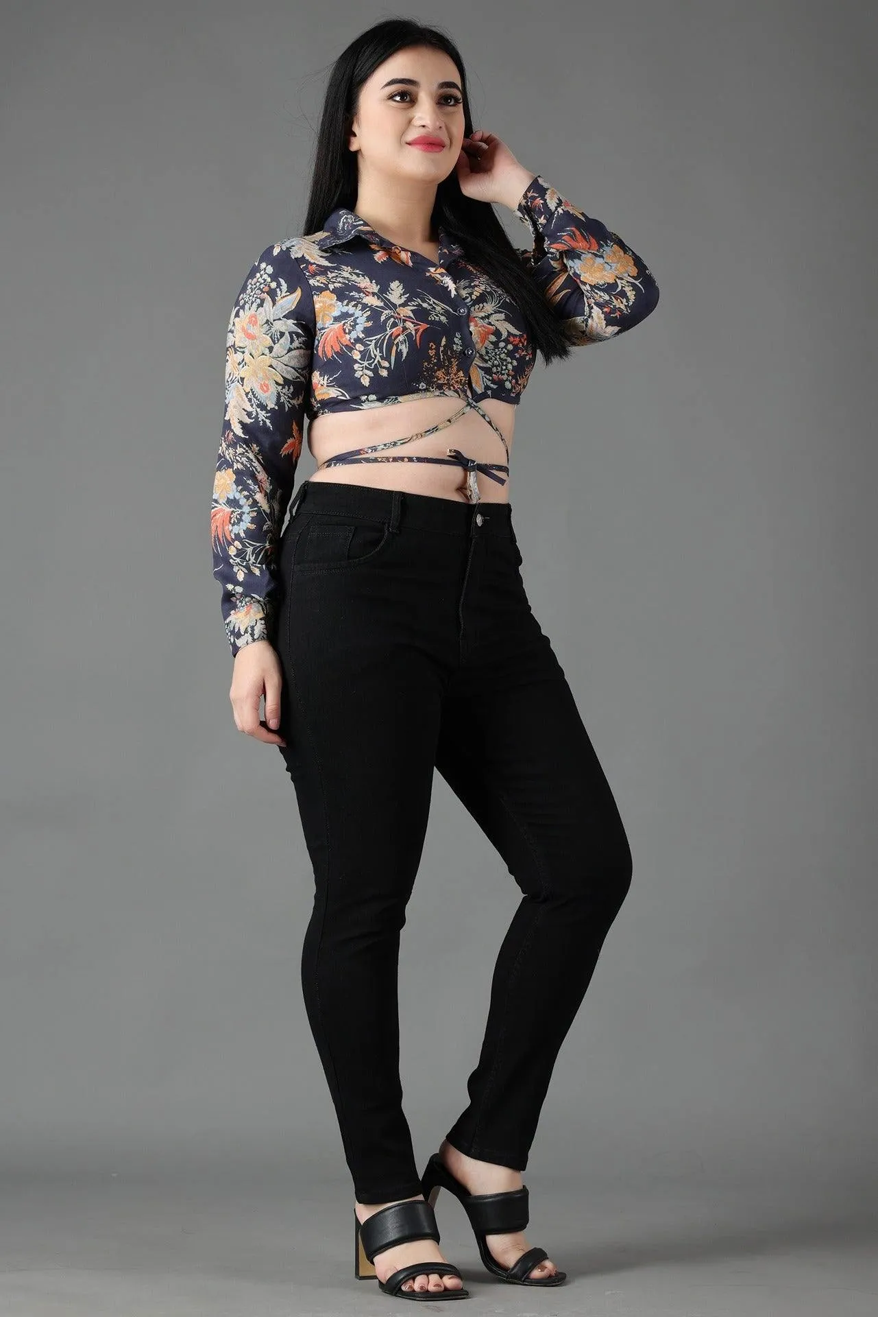 Black Floral Shirt Style Tie Around Top